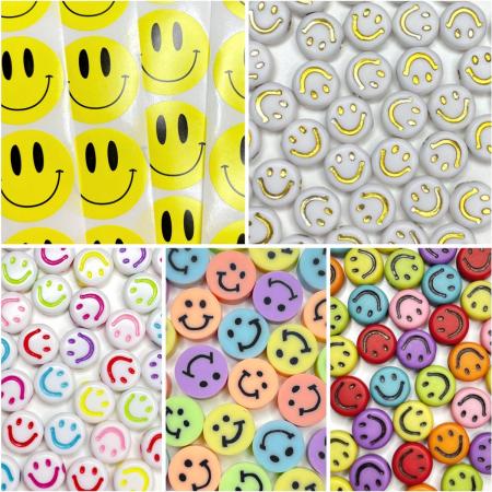 Smiley kralen, Polymeer smiley kralen, Acryl smiley kralen, Smiley stickers, unieke mix van 90 stuks , regenboogkleuren – Polymeer klei & acryl - Zelf sieraden maken, DIY